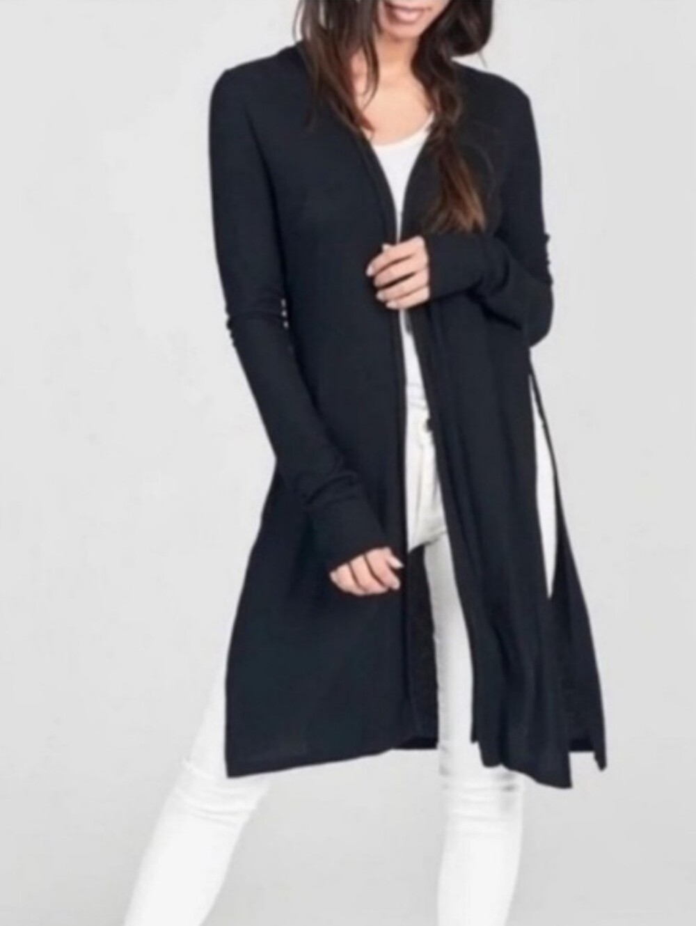 Joah Brown Luna Side Slit Black Rib Knit Cardigan Long Sleeve Women's S/M